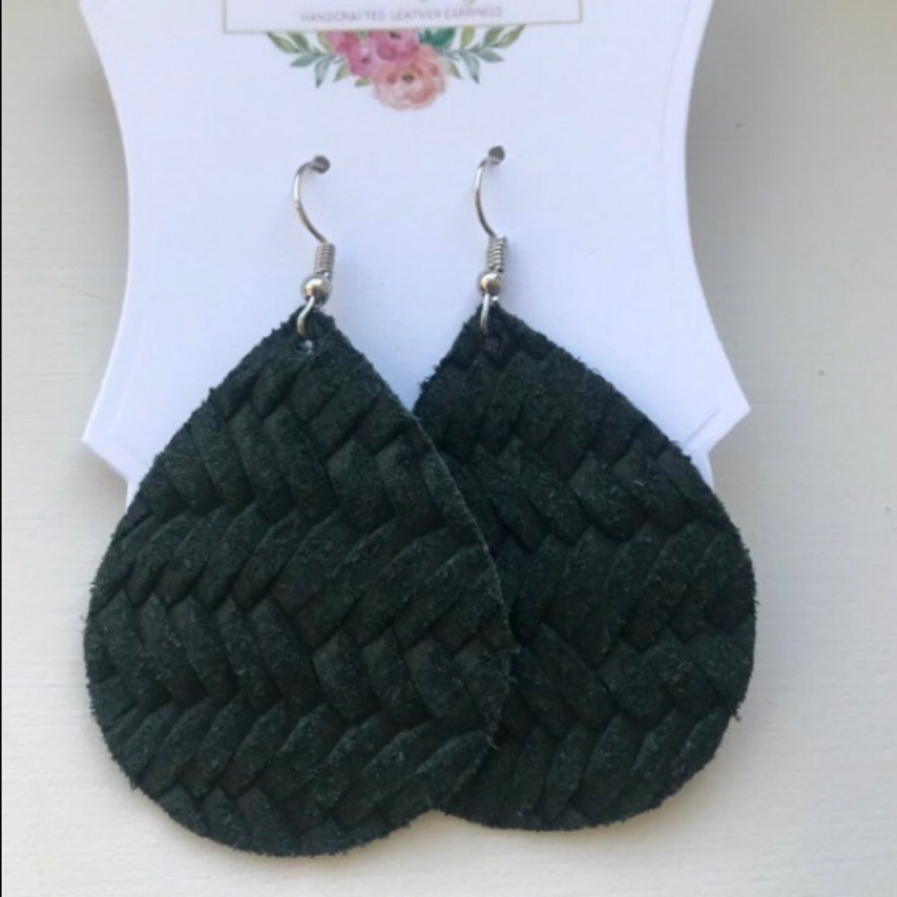 Dark green, weaved patterned leather earrings